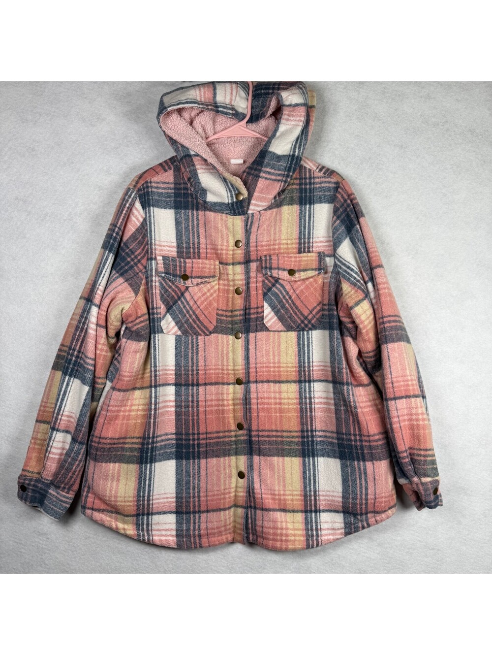 ASVIVID Hooded Plaid Button-Up Flannel Jacket with Sherpa Lining Large